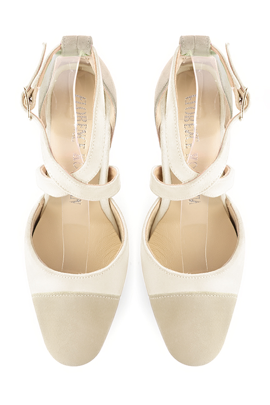 Champagne beige and off white women's open side shoes, with crossed straps. Round toe. High slim heel. Top view - Florence KOOIJMAN